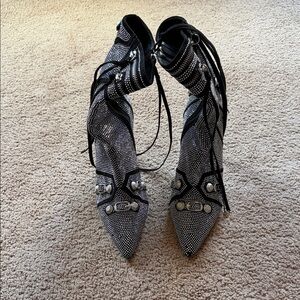 Embellished Pointed-Toe Lace-Up Heeled Boots in Black & Silver